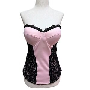 Y2K 2000s Charlotte Russe Corset Top Pink Black Lace Strapless Boned Size XL